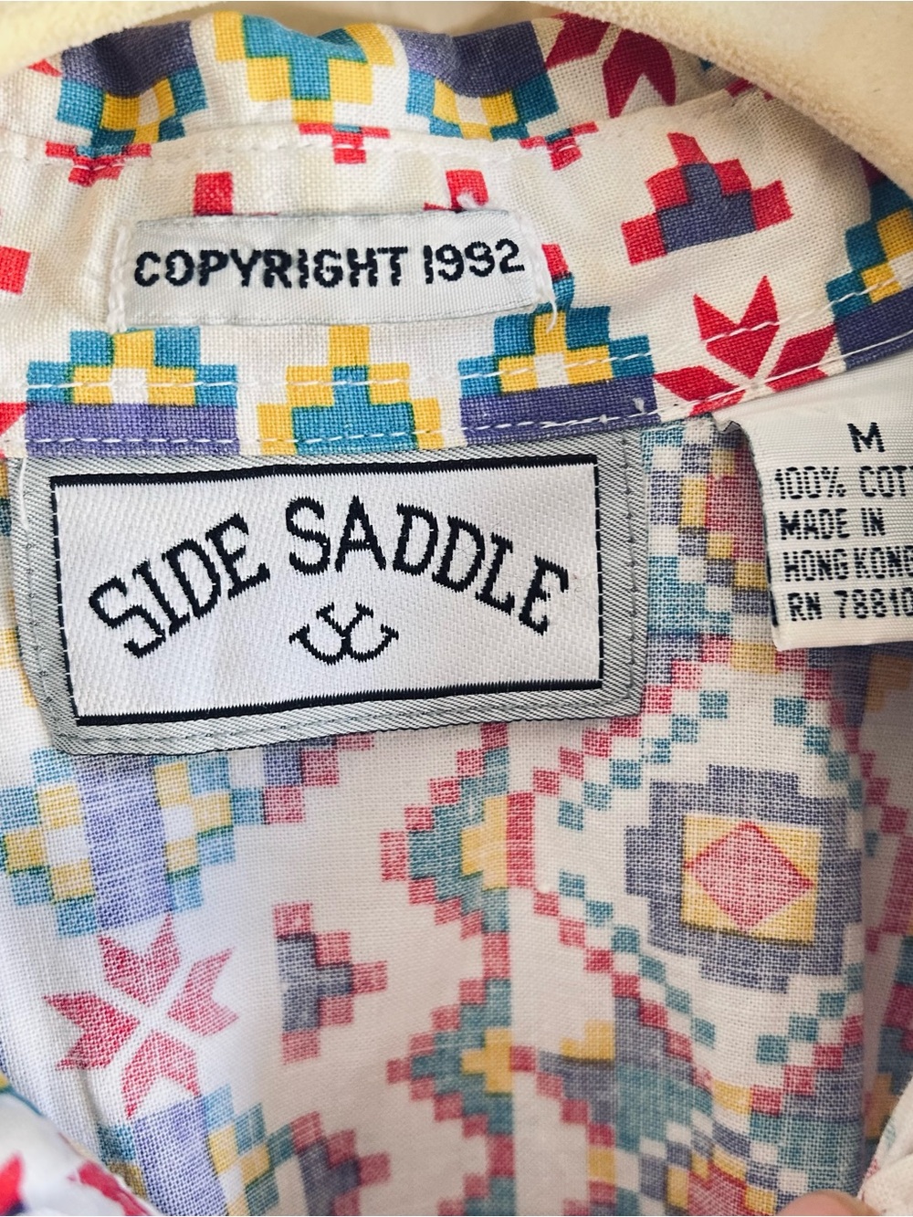 Vintage western Side Saddle 1992  Button-Up men’s shirt — Geometric/ Indian